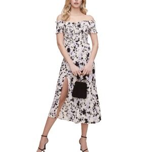 Astr Off-Shoulder Midi Dress in White and Black Floral